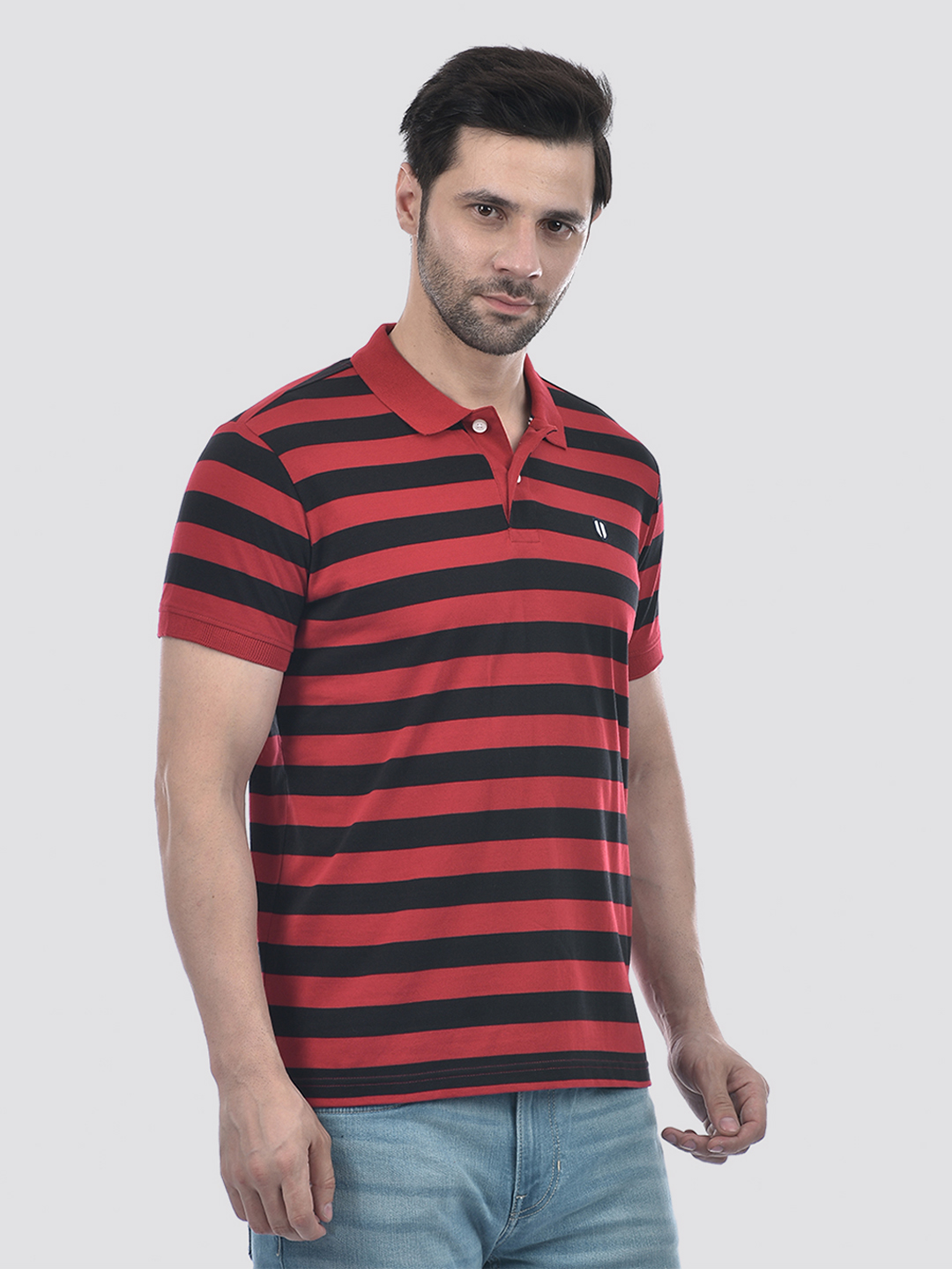 Numero Uno Men Coral Red Striped Polo T-Shirt